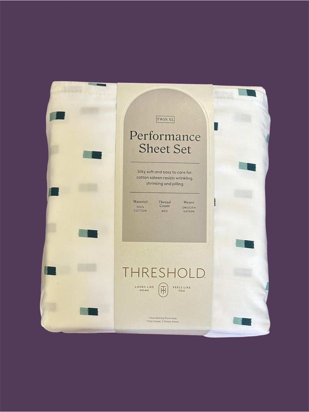 Threshold White Cotton Sateen Sheet Set with Blue Rectangle Print